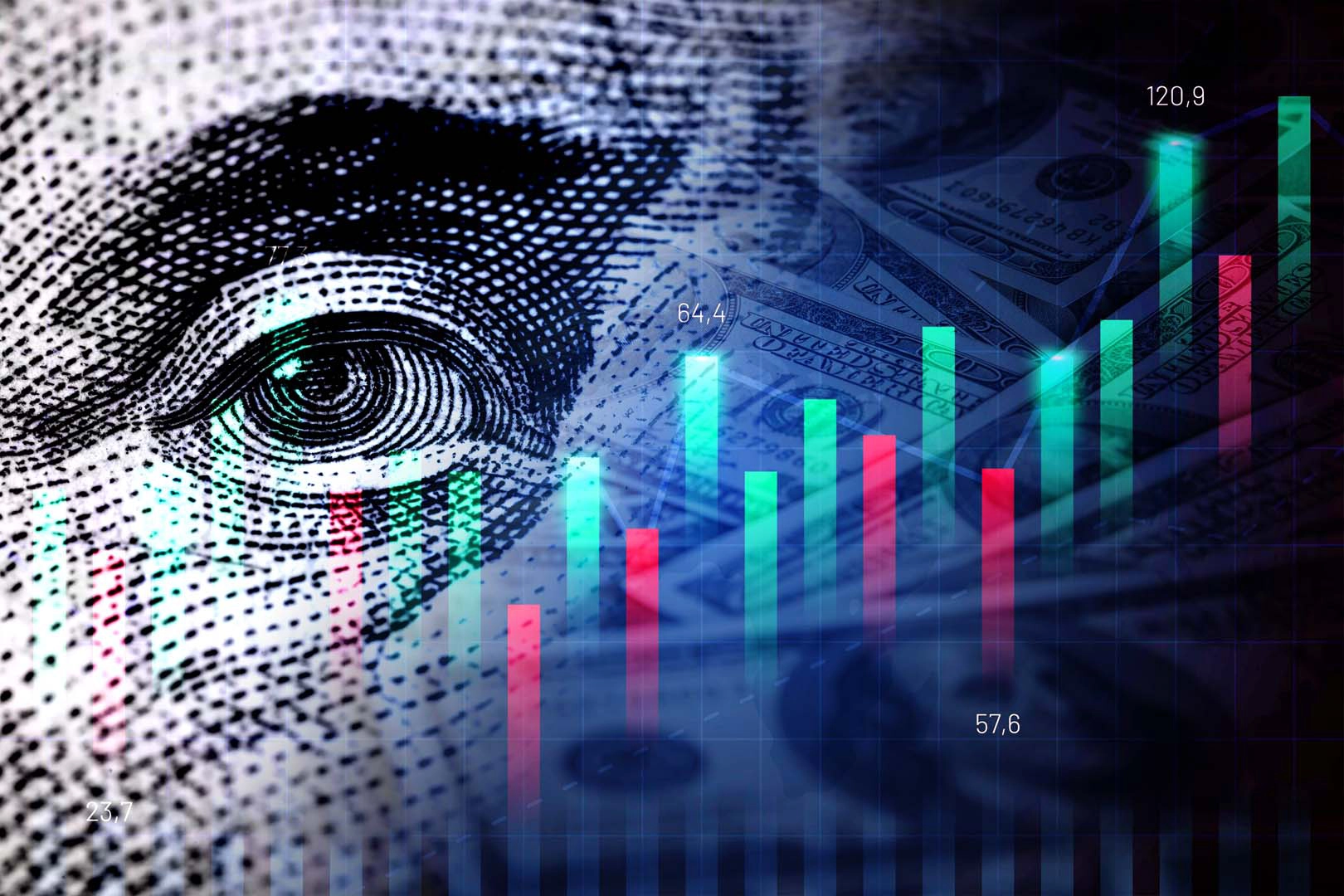 Close up of a dollar behind graphs and numbers