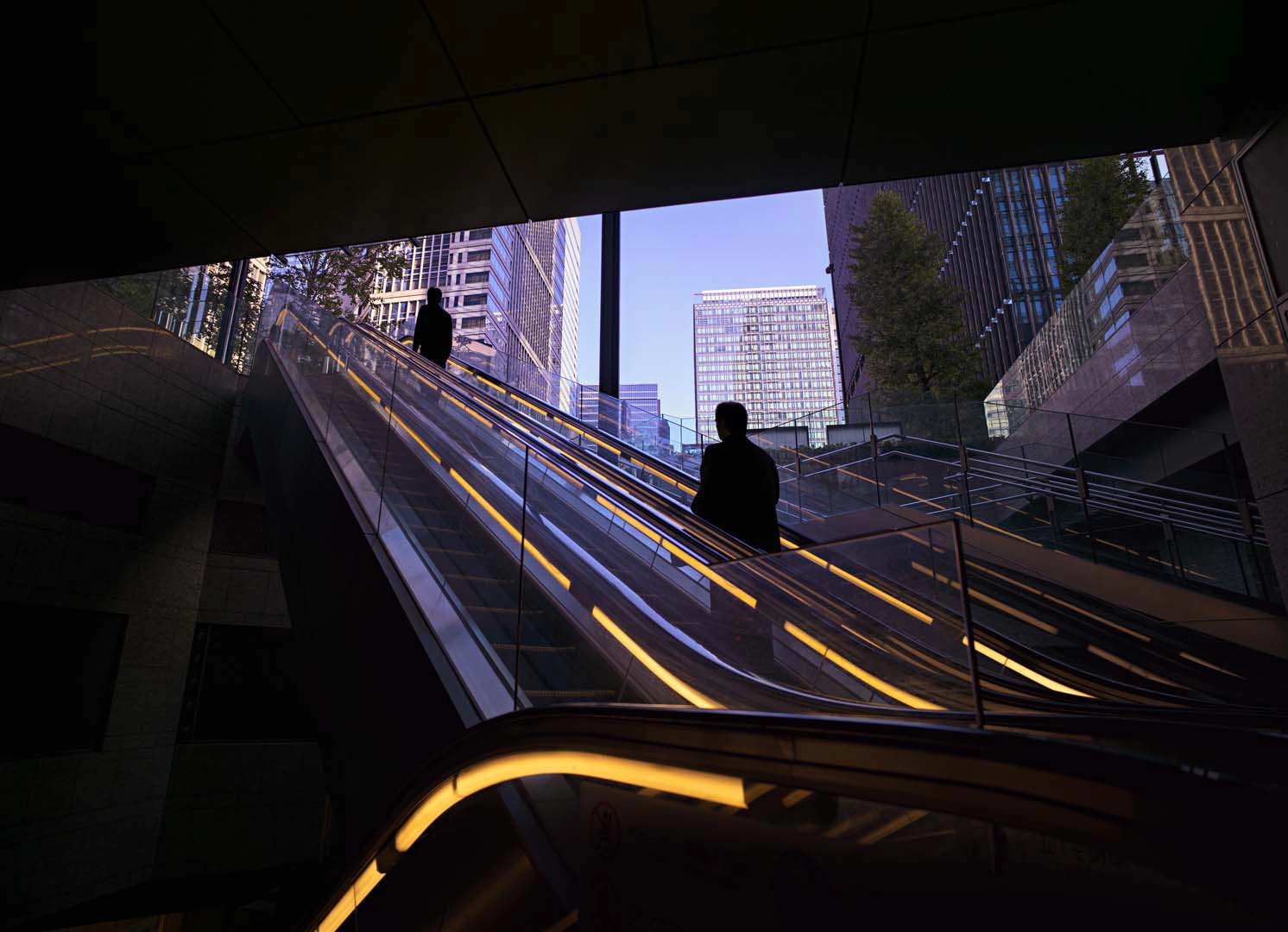 People on an escalator head up to a light cityscape