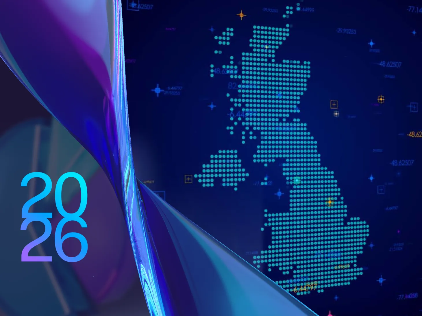 A map of the UK made up of pixels with numbers surrounding it.