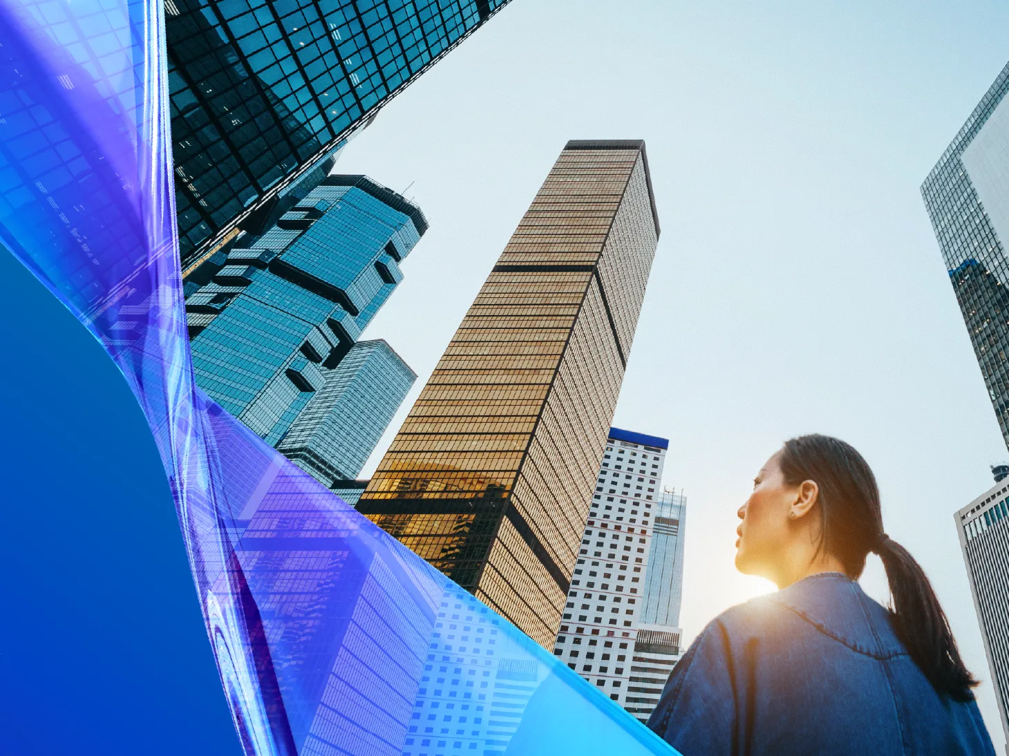 The Business Owners Sentiment Survey banner over a picture of a woman surrounded by office blocks